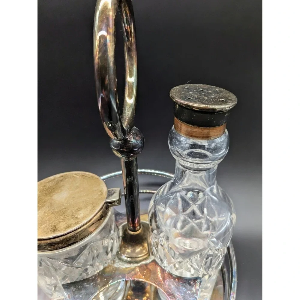 Antique Silver Plated Cut Glass Cruet Set 2 Bottles Footed Stand Etched 9753-4